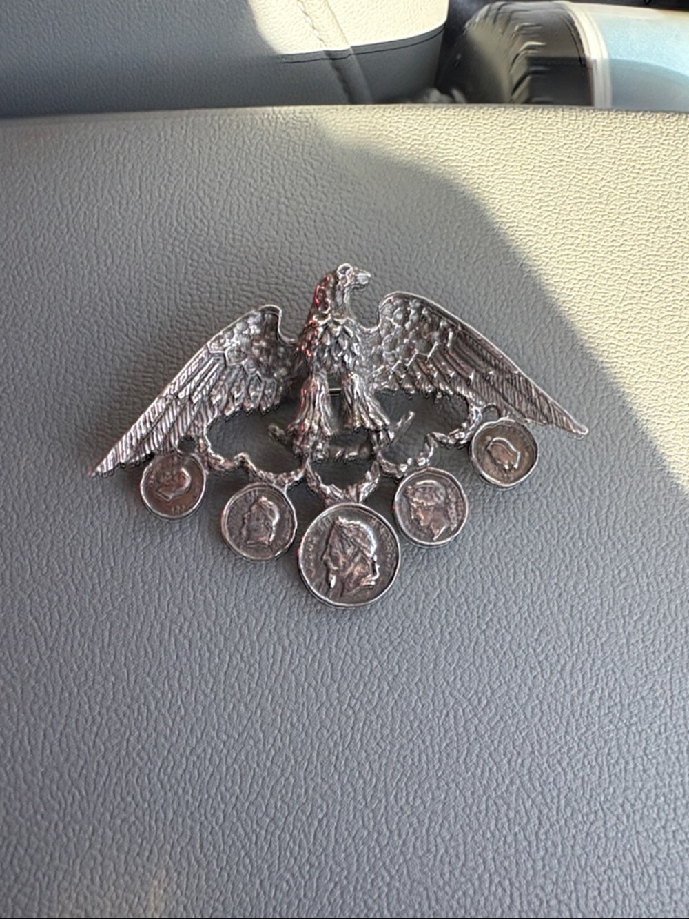 Silver Eagle Brooch - Silver Tone with Coin Accents